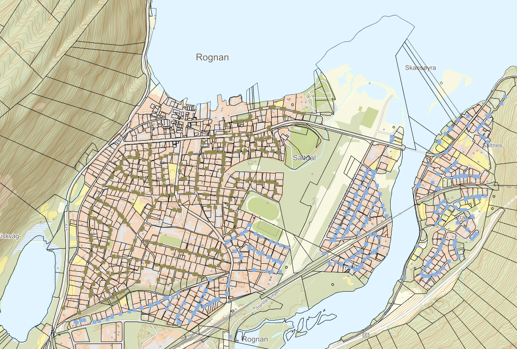 Kart over områder i Rognan sentrum som får ny dunk for glass og metallemballasje