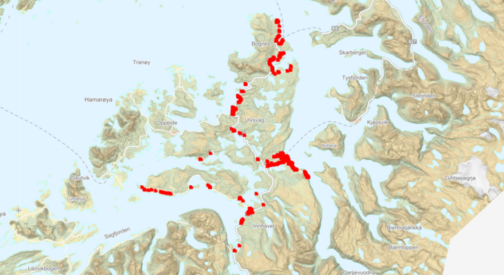 Kart over avfallsrute i Hamarøy som ikke er blitt kjørt 22.desember