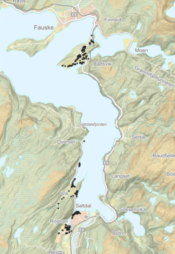 Kart over utsatt tømming Leivset og Rognan